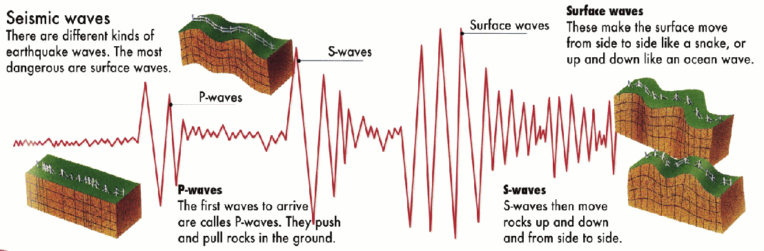 On a seismogram from an earthquake, the P-wave is the first signal to arrive, followed by the slower S-wave, then the surface-waves (Allaby (2008): National Geographic Visual Encyclopedia of Earth). 